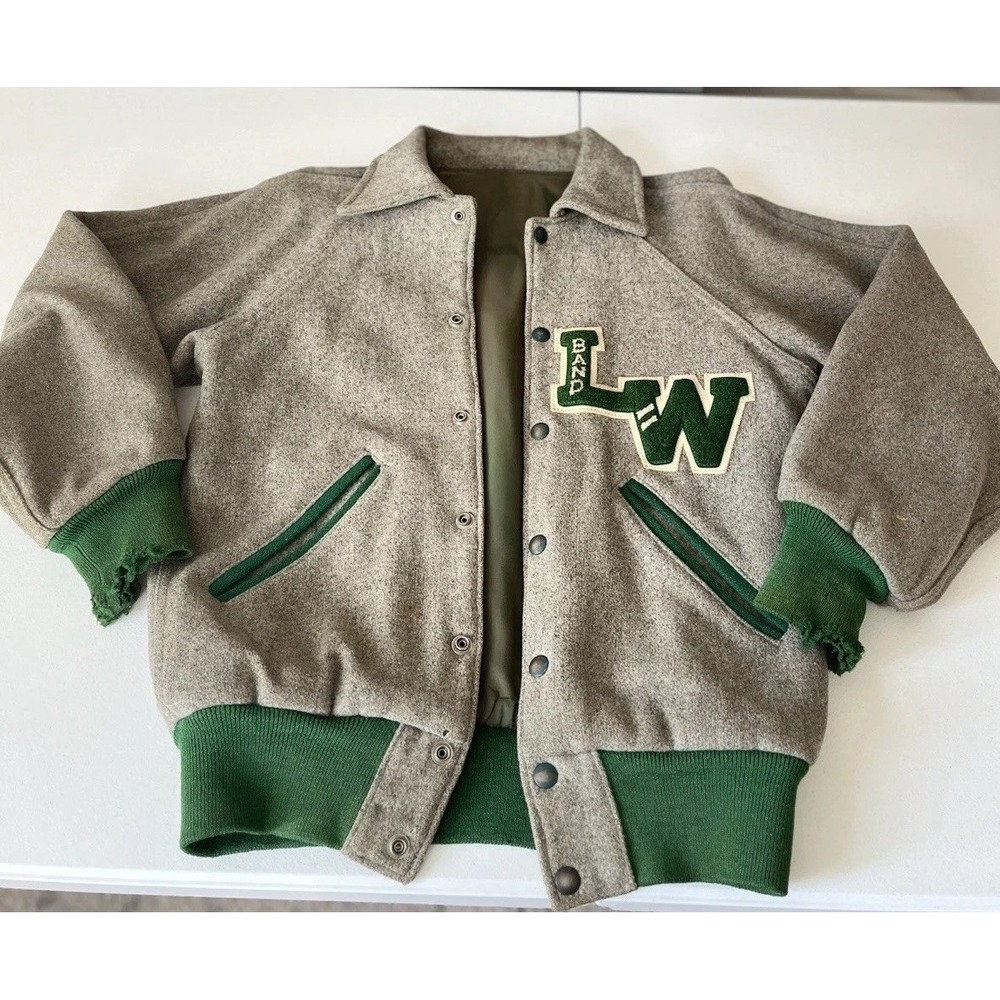 Vtg gray green lettermans jacket Band LW S/M 50s 60s retro thrashed costume